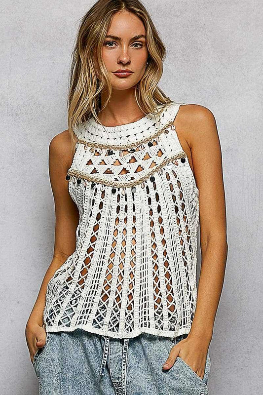 Halter Neck Sleeveless Dangle Trim Crochet Top