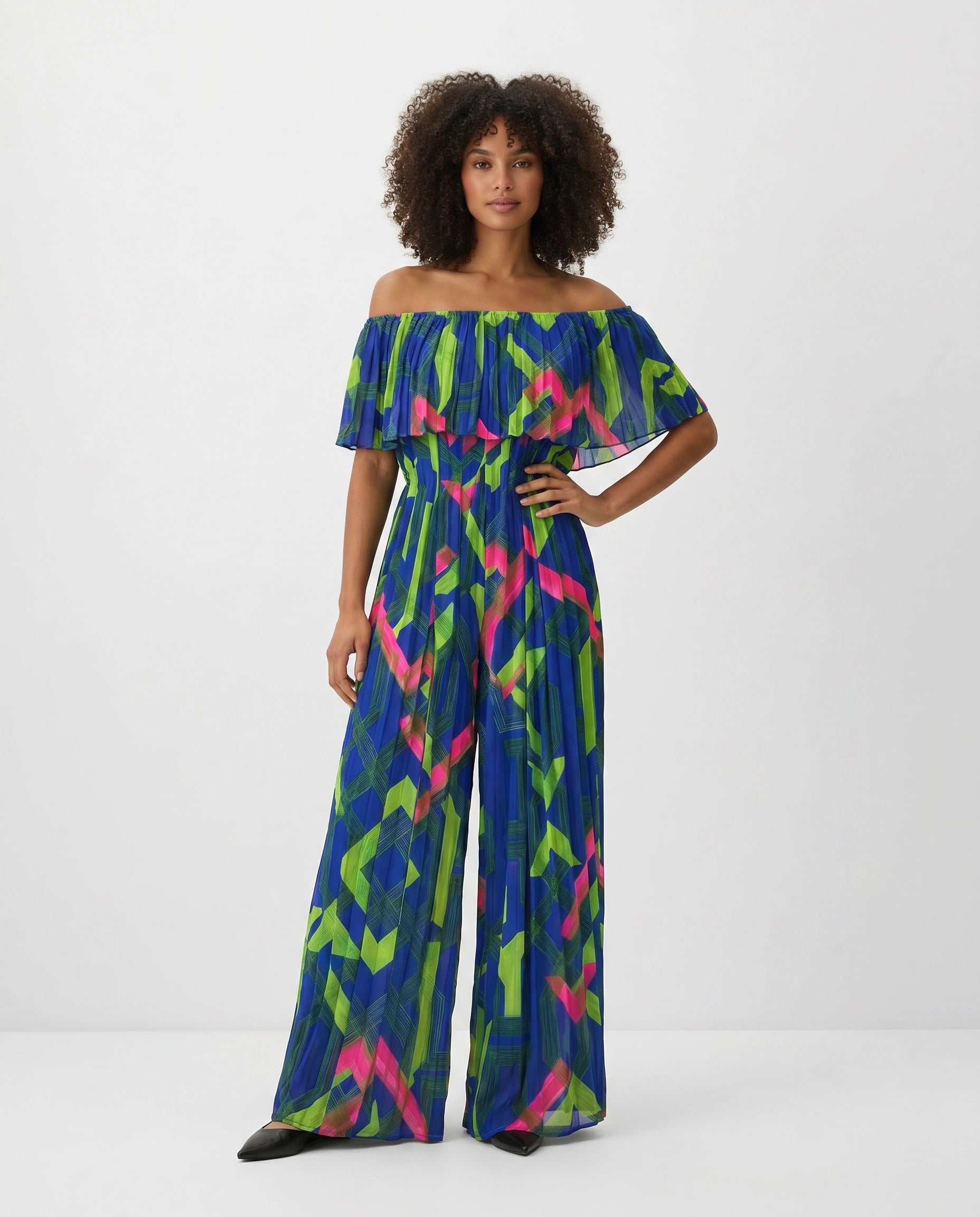 Blue Multi Print Pleated Jumpsuit