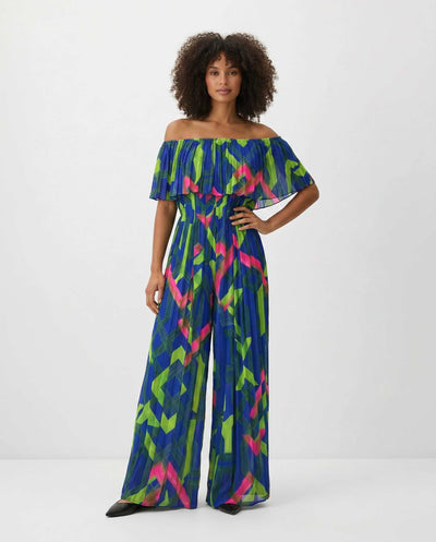 Blue Multi Print Pleated Jumpsuit