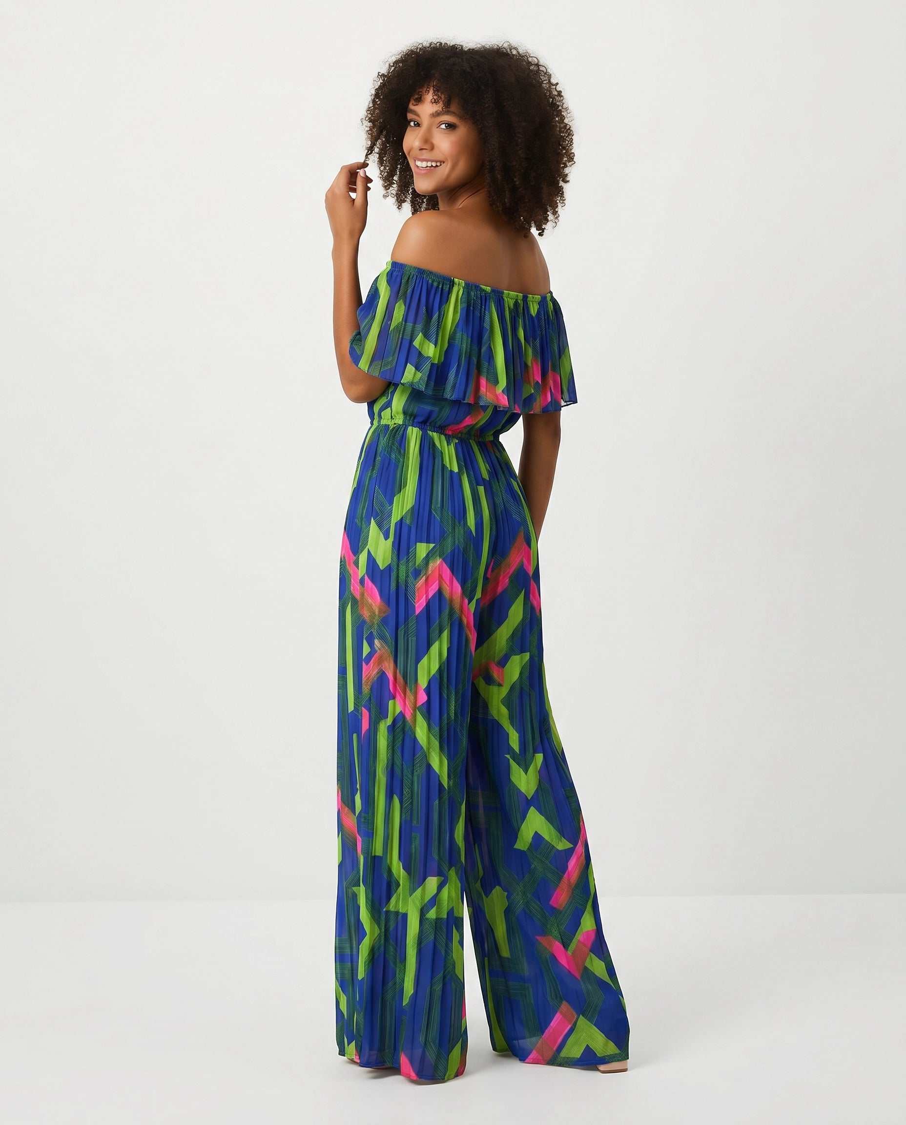 Blue Multi Print Pleated Jumpsuit
