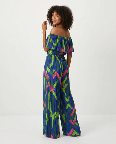 Blue Multi Print Pleated Jumpsuit