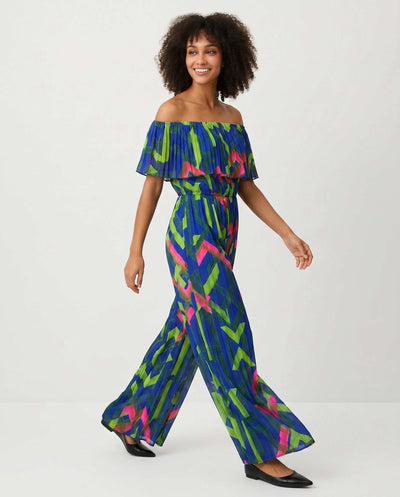 Blue Multi Print Pleated Jumpsuit