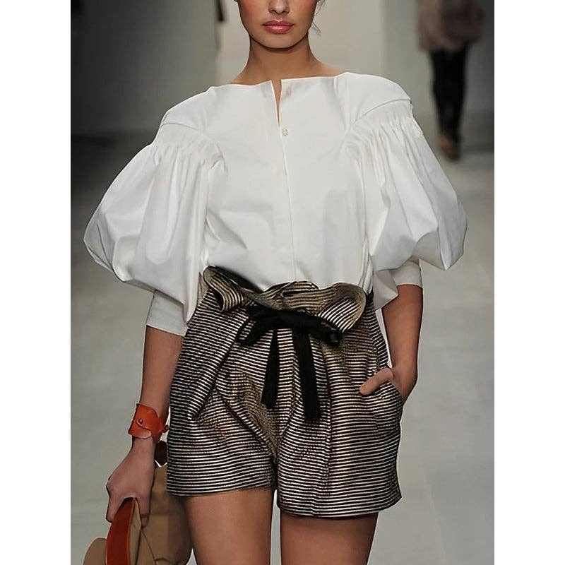 White Puff Sleeves Buttoned Solid Color Blouse