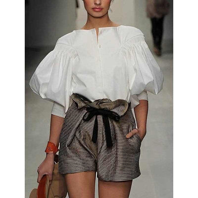 White Puff Sleeves Buttoned Solid Color Blouse