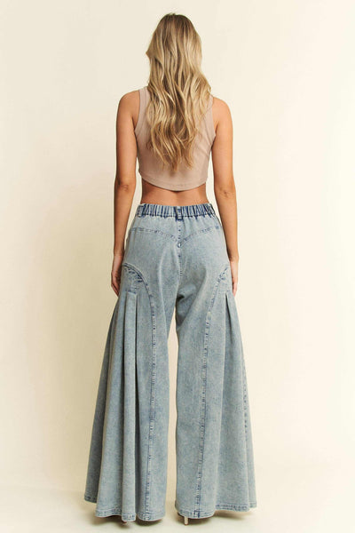 Curvy Size Denim Wide Leg Flared Front Pleat Pants