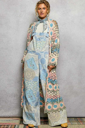 Crochet Stripe Open-Knit Scalloped Long Sleeve Cardigan
