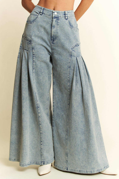 Curvy Size Denim Wide Leg Flared Front Pleat Pants