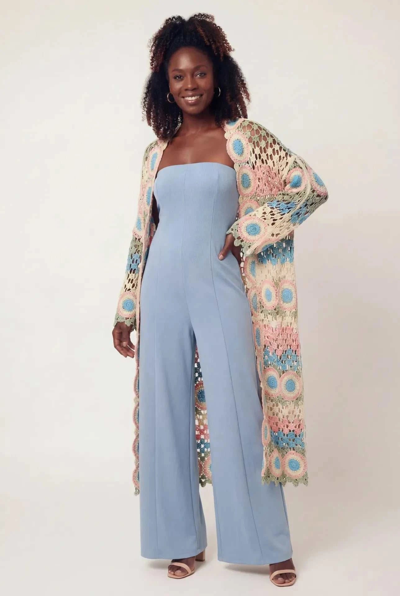 Crochet Stripe Open-Knit Scalloped Long Sleeve Cardigan