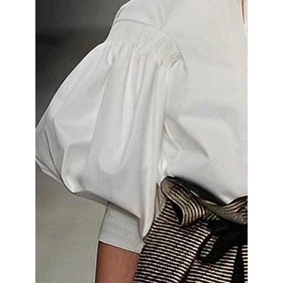 White Puff Sleeves Buttoned Solid Color Blouse