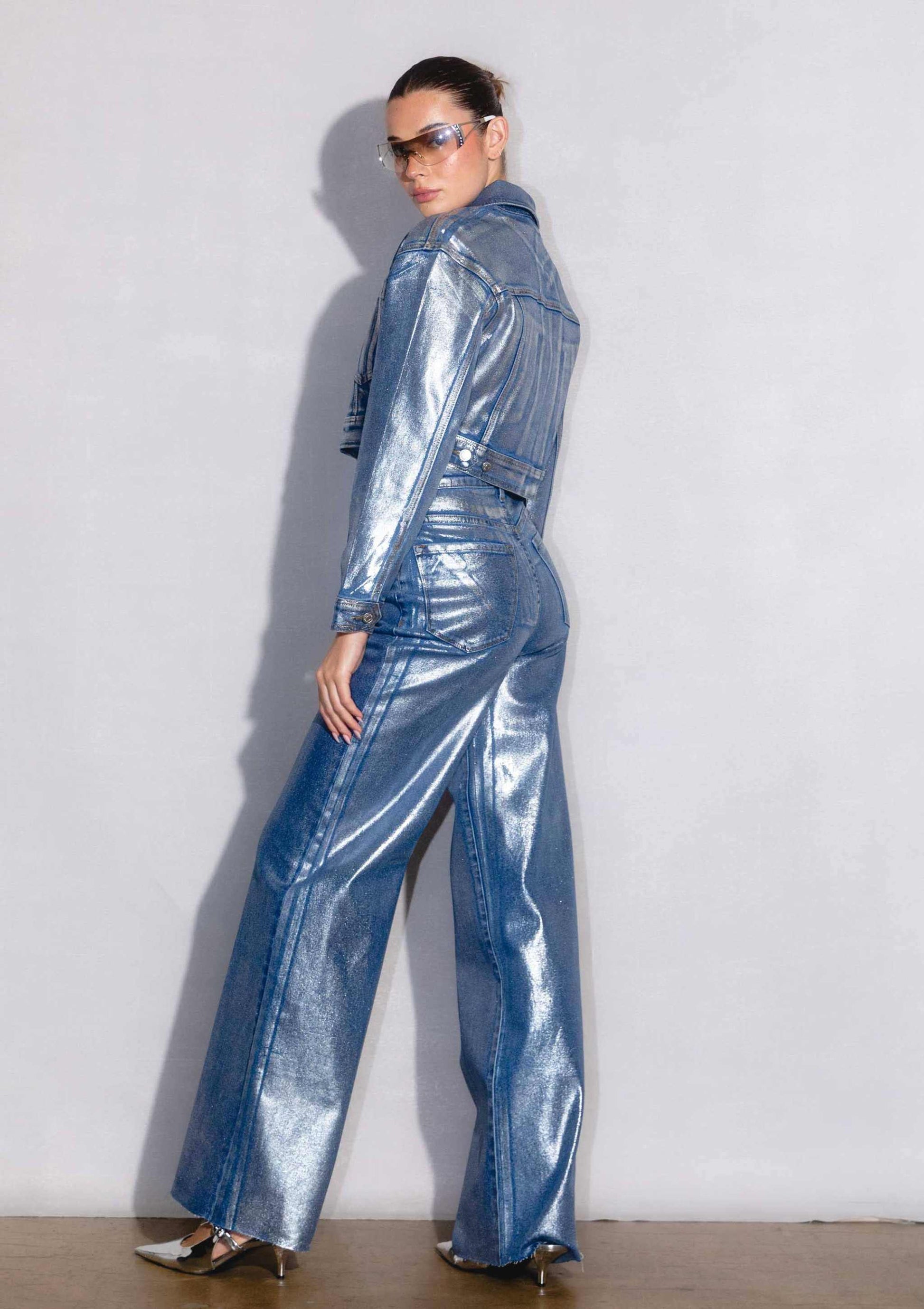 Silver Foil Printed Wide Leg Jeans