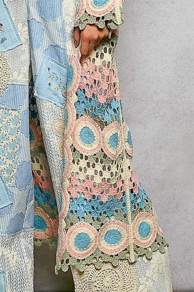Crochet Stripe Open-Knit Scalloped Long Sleeve Cardigan