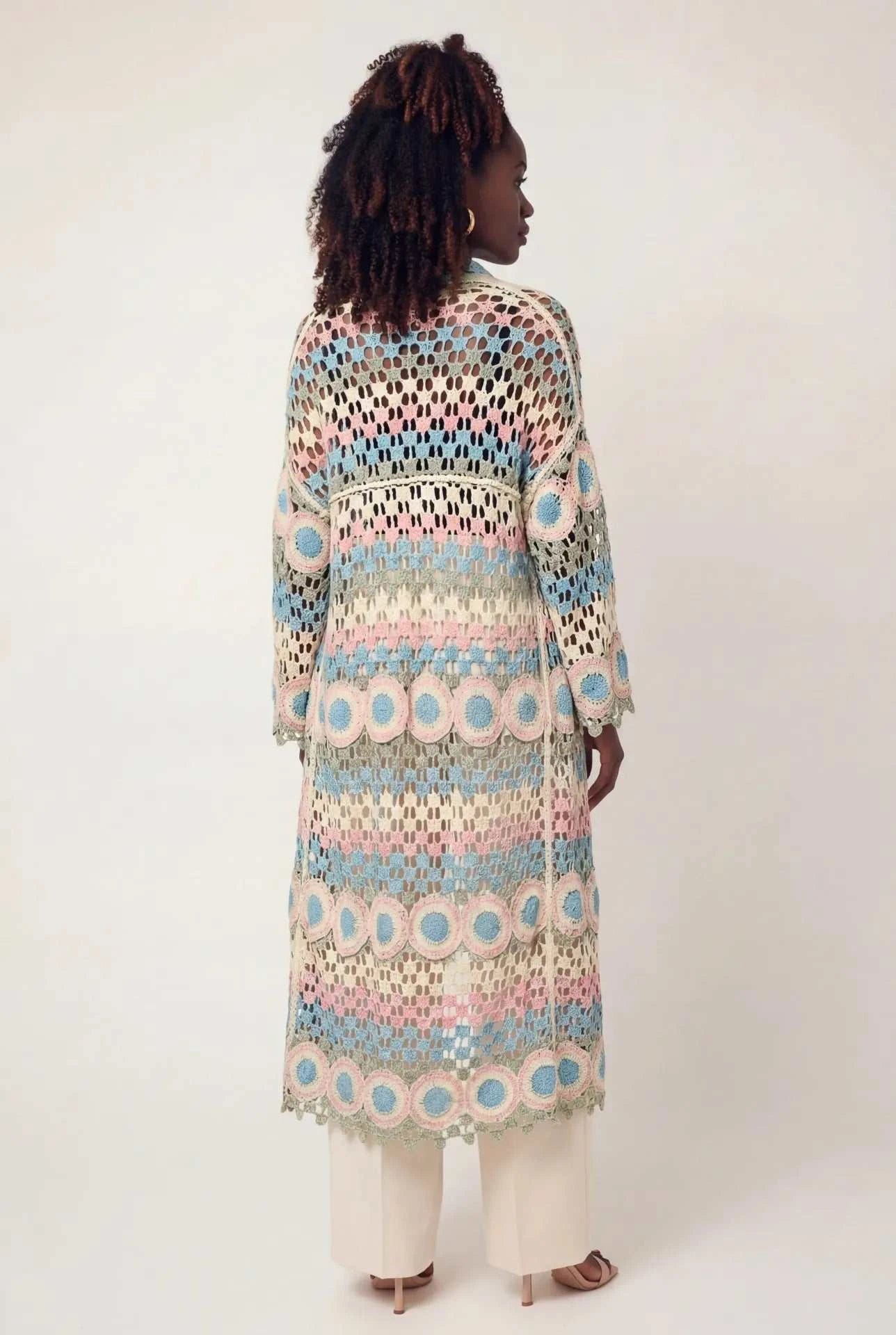 Crochet Stripe Open-Knit Scalloped Long Sleeve Cardigan