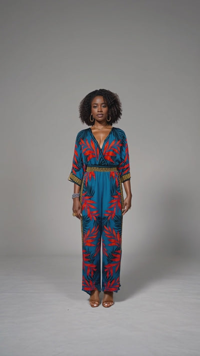 Deep Ocean Blue Red Leaf Jumpsuit