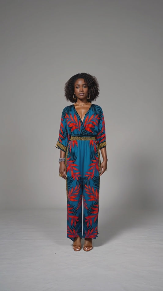 Deep Ocean Blue Red Leaf Jumpsuit