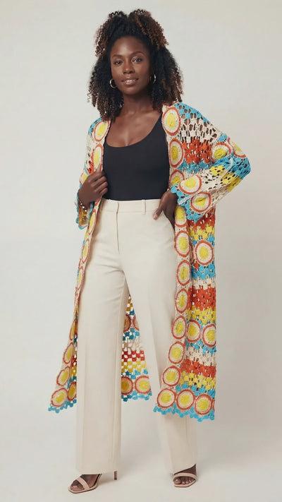Crochet Stripe Open-Knit Scalloped Long Sleeve Cardigan