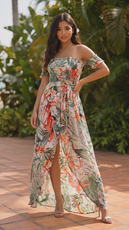 Green Floral Strapless Maxi Sundress