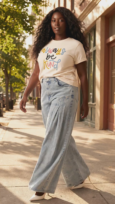 Curvy Size Denim Wide Leg Flared Front Pleat Pants