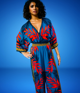 Deep Ocean Blue Red Leaf Jumpsuit