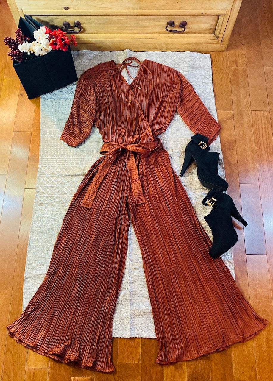 Bronze pleated jumpsuit